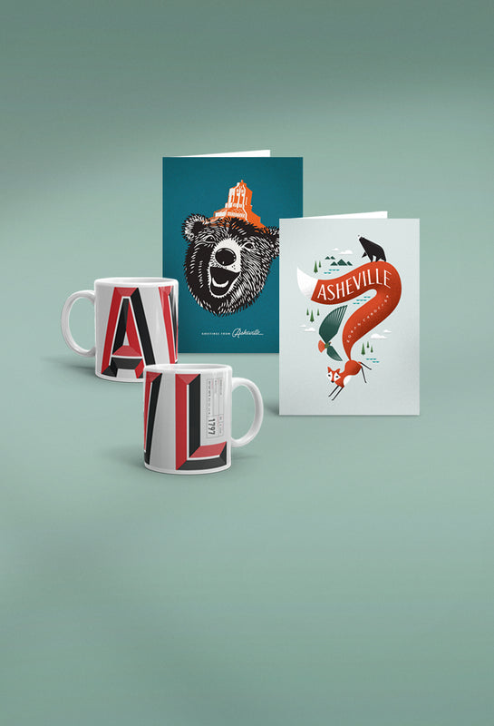 Asheville coffee cups and cards with fun graphics