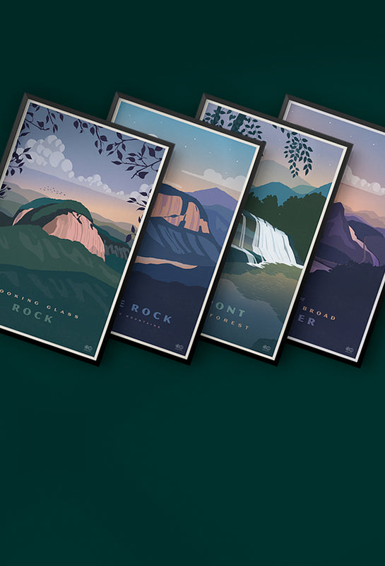 Four scenic posters showing beautiful illustrations of Asheville area nature