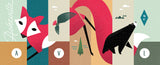 silly illustration of red fox, black bear and red-tailed hawk