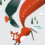 Close up of t-shirt with silly illustration of red fox, black bear and red-tailed hawk