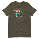 Grey asheville t-shirt with random, colorful NC state shapes.
