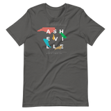 Dark asheville t-shirt with random, colorful NC state shapes.