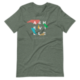 Green asheville t-shirt with random, colorful NC state shapes.