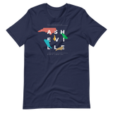 Dark asheville t-shirt with random, colorful NC state shapes.