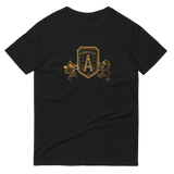 black t-shirt of bear and fox holding a shield with "A" for Asheville, North Carolina