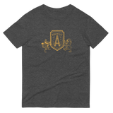 Grey t-shirt of bear and fox holding a shield with "A" for Asheville, North Carolina