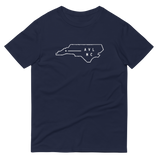 Dark t-shirt with map of North Carolina with dot saying "AVL NC"