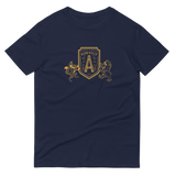 dark t-shirt of bear and fox holding a shield with "A" for Asheville, North Carolina
