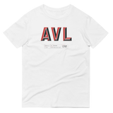 White  t-shirt with "AVL" and Asheville statistics printed on it.