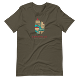 Grey t-shirt with illustrated downtown Asheville buildings
