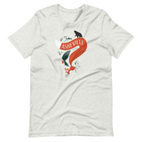 Light grey t-shirt with silly illustration of red fox, black bear and red-tailed hawk
