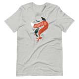 Dark grey t-shirt with silly illustration of red fox, black bear and red-tailed hawk