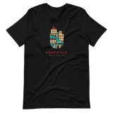 Dark t-shirt with illustrated downtown Asheville buildings