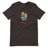 Dark t-shirt with illustrated downtown Asheville buildings
