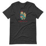 Dark t-shirt with illustrated downtown Asheville buildings