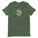 Green t-shirt with illustrated downtown Asheville buildings