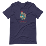 Dark t-shirt with illustrated downtown Asheville buildings