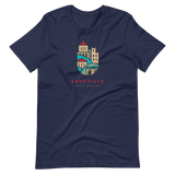 Dark t-shirt with illustrated downtown Asheville buildings