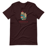 Dark t-shirt with illustrated downtown Asheville buildings