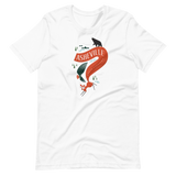 White t-shirt with silly illustration of red fox, black bear and red-tailed hawk