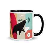 coffee mug with silly illustration of red fox, black bear and red-tailed hawk - black interior