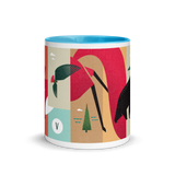 coffee mug with silly illustration of red fox, black bear and red-tailed hawk - blue interior