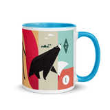 coffee mug with silly illustration of red fox, black bear and red-tailed hawk - blue interior