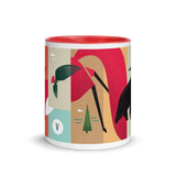 coffee mug with silly illustration of red fox, black bear and red-tailed hawk - red interior