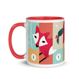 coffee mug with silly illustration of red fox, black bear and red-tailed hawk - red interior