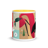 coffee mug with silly illustration of red fox, black bear and red-tailed hawk - yellow interior