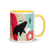 coffee mug with silly illustration of red fox, black bear and red-tailed hawk - yellow interior