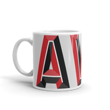 White coffee mug with "AVL" and Asheville statistics printed on it.