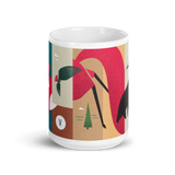 coffee mug with silly illustration of red fox, black bear and red-tailed hawk