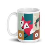 coffee mug with silly illustration of red fox, black bear and red-tailed hawk