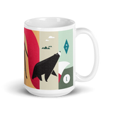 coffee mug with silly illustration of red fox, black bear and red-tailed hawk