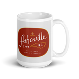 white asheville coffee mug with vintage type and slogan. super cool.