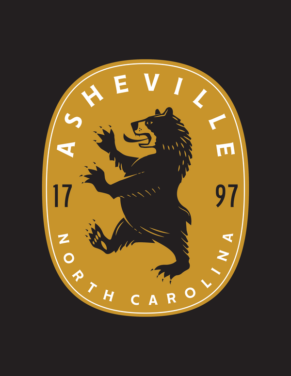 Close up of dark t-shirt with a black bear coat of arms design - Asheville North Carolina