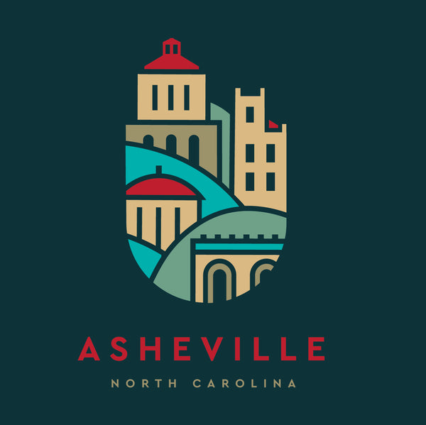 Close up of dark t-shirt with illustrated downtown Asheville buildings