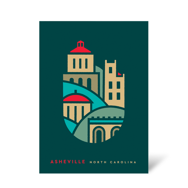 Greeting card with illustrated downtown Asheville buildings