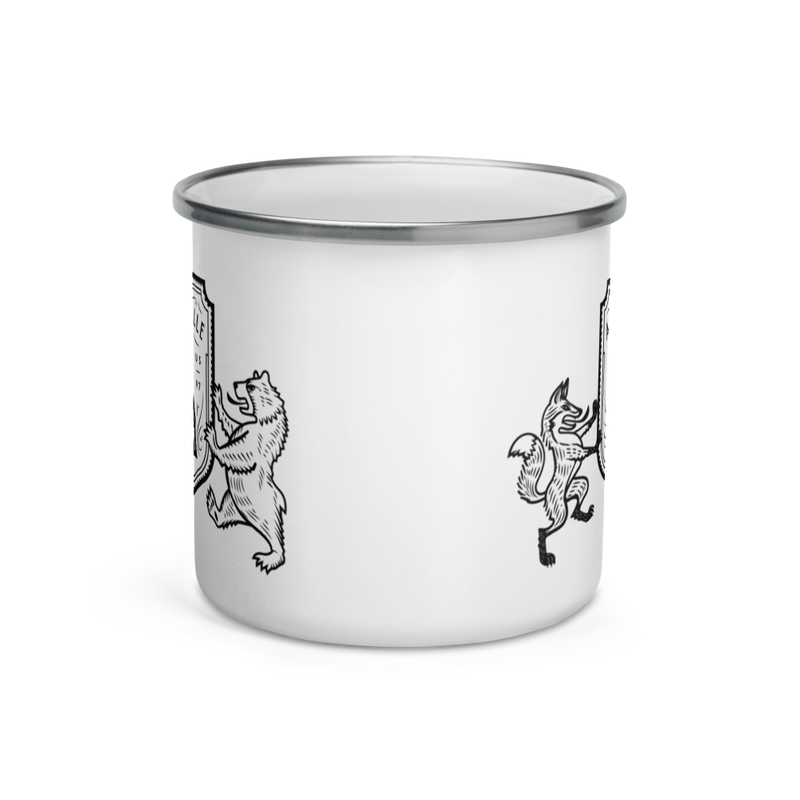 white ceramic coffee mug with heraldic seal of bear and fox