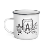 white ceramic coffee mug with heraldic seal of bear and fox