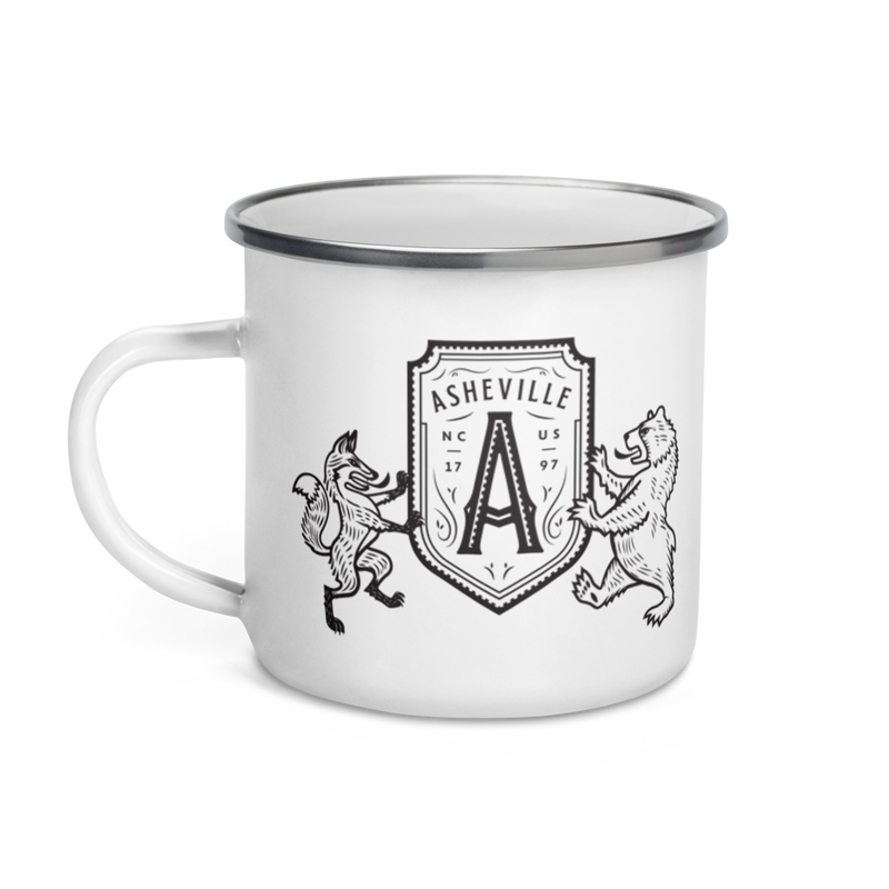 white ceramic coffee mug with heraldic seal of bear and fox