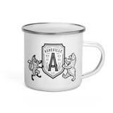 white ceramic coffee mug with heraldic seal of bear and fox