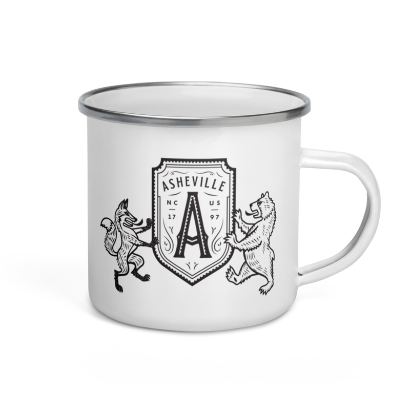 white ceramic coffee mug with heraldic seal of bear and fox