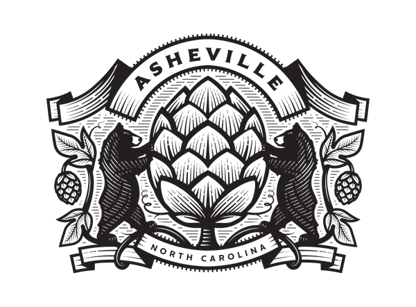 Close up of t-shirt with design of two black bears holding a huge grain of hops. "Asheville, North Carolina"