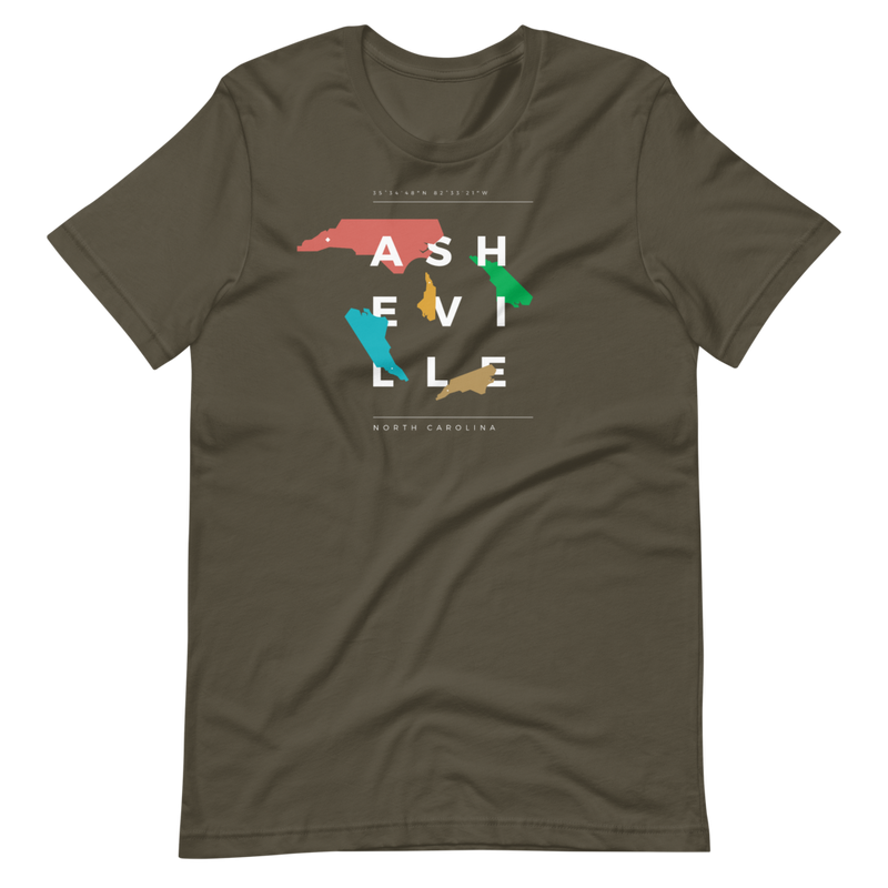 Grey asheville t-shirt with random, colorful NC state shapes.