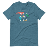 Blue asheville t-shirt with random, colorful NC state shapes.