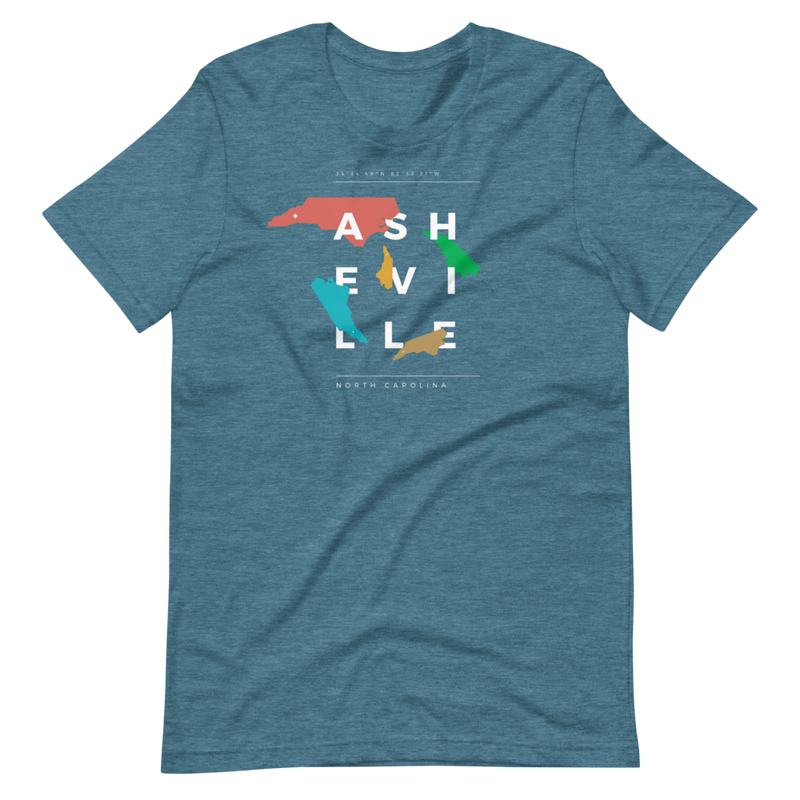 Blue asheville t-shirt with random, colorful NC state shapes.