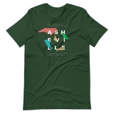 Green asheville t-shirt with random, colorful NC state shapes.