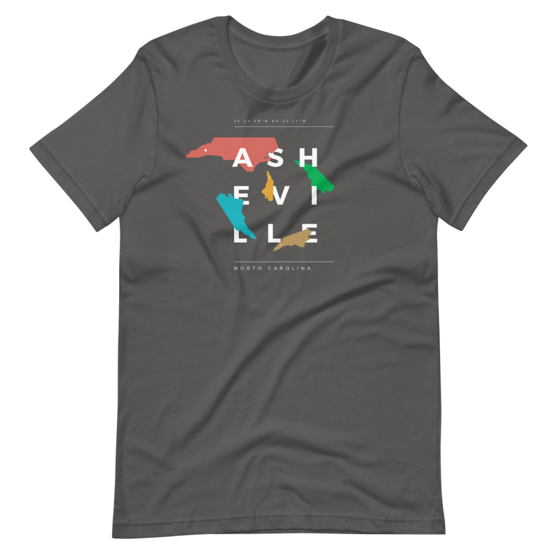 Dark asheville t-shirt with random, colorful NC state shapes.